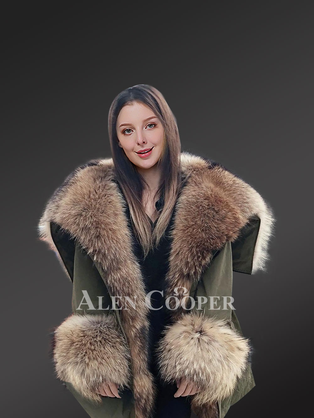 Stylish olive parka with extra large raccoon fur hood