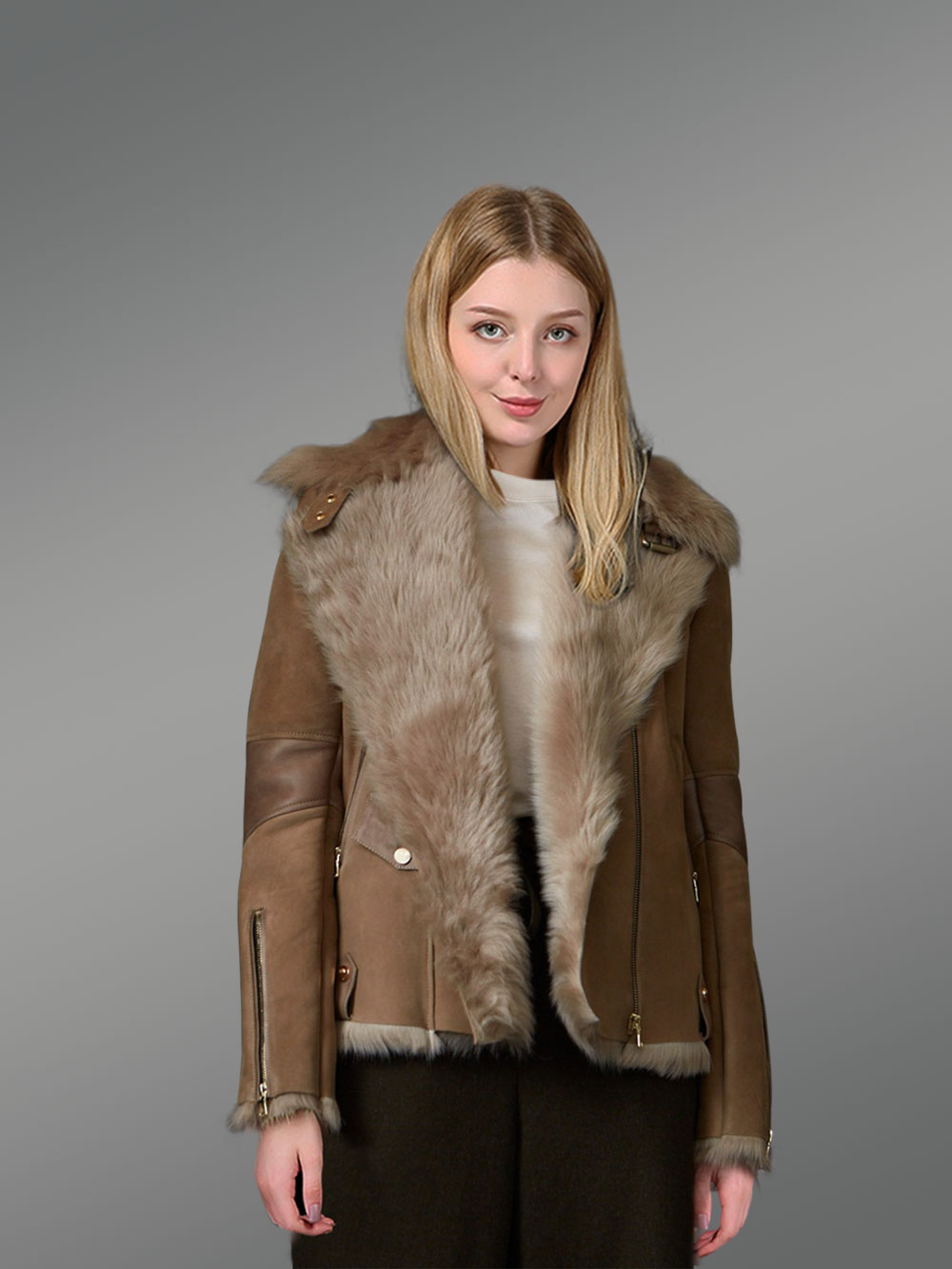 Suede Finish Beige Toscana Shearling Jacket