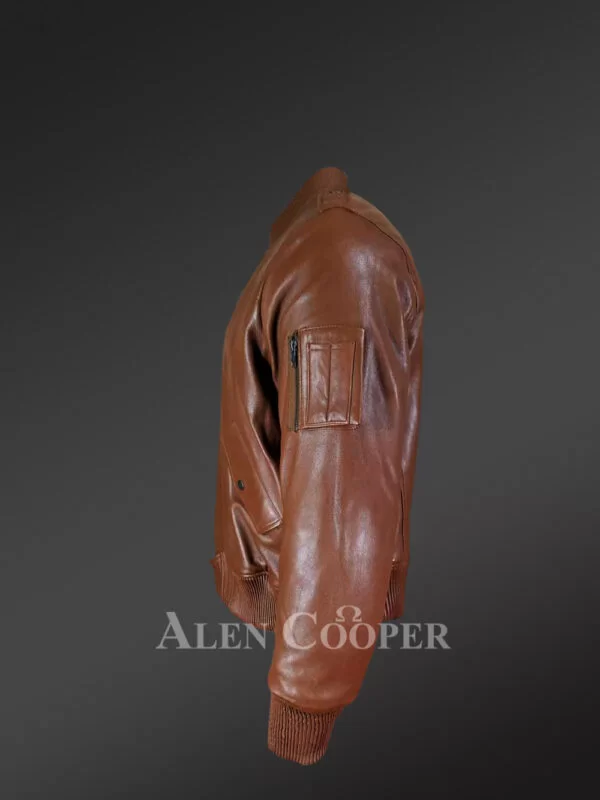 Stylish Leather Bomber Jacket in Tan - Image 2