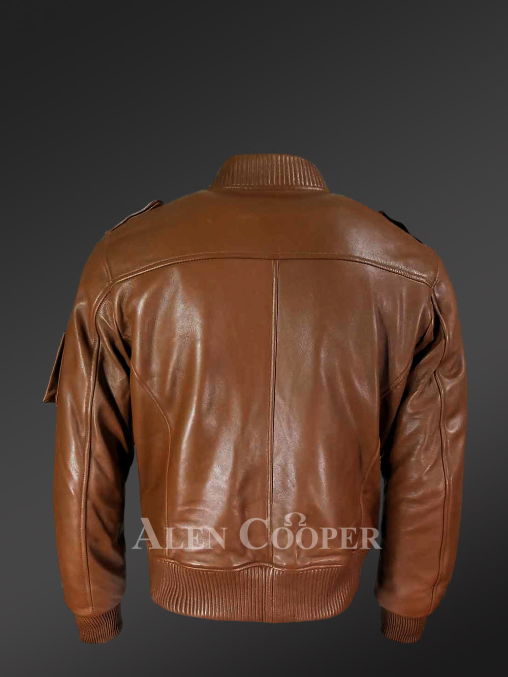 Stylish Leather Bomber Jacket in Tan - Image 4