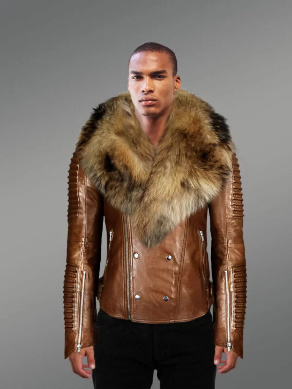 Tan Leather Jacket with Raccoon Fur Collar