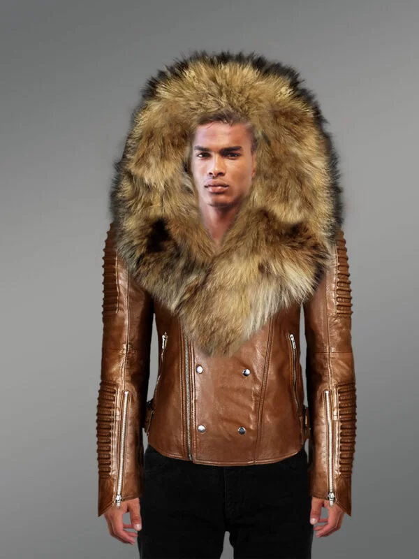 Tan Leather Jacket with Raccoon Fur Collar - Image 2