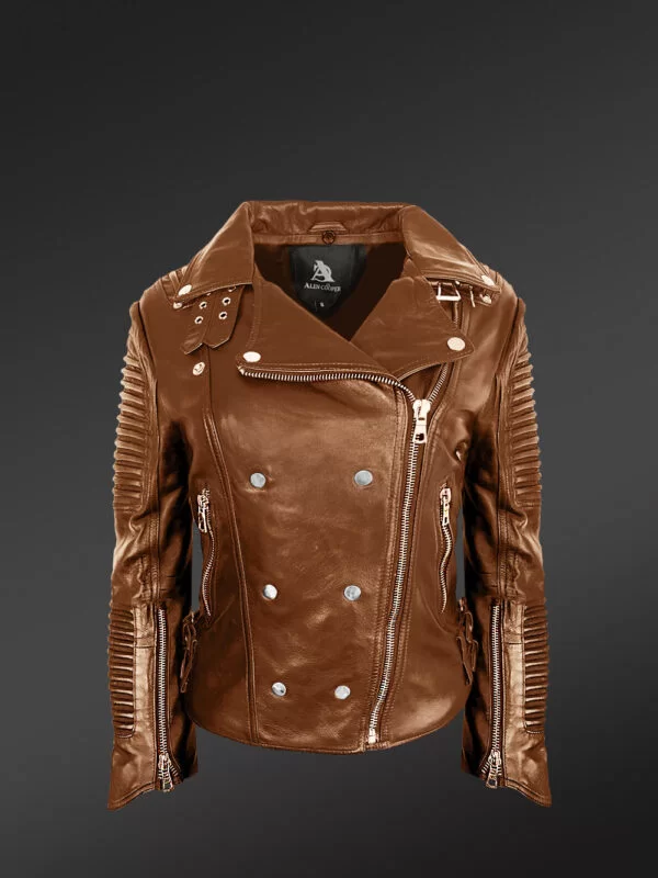 Unique Version of Tan Leather Biker Jackets for Bold and Stylish Women - Image 2