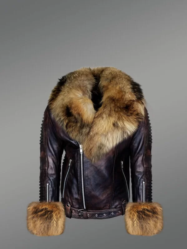 Trendy original leather jackets with removable fur collar and handcuffs