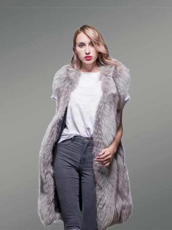 Trendy Real Fox Fur Long and Sleeveless Winter Coat with Inner Side Pockets - Image 4