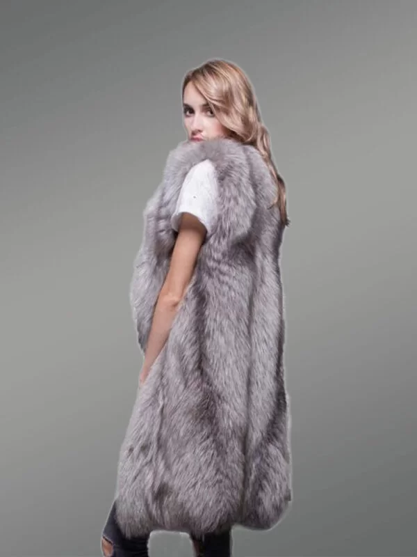 Trendy Real Fox Fur Long and Sleeveless Winter Coat with Inner Side Pockets - Image 5