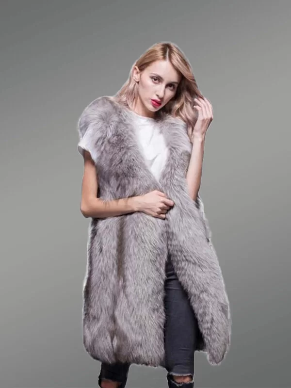 Trendy Real Fox Fur Long and Sleeveless Winter Coat with Inner Side Pockets