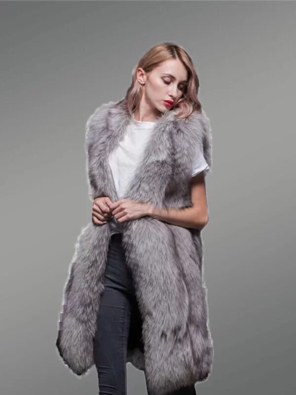 Trendy Real Fox Fur Long and Sleeveless Winter Coat with Inner Side Pockets - Image 2