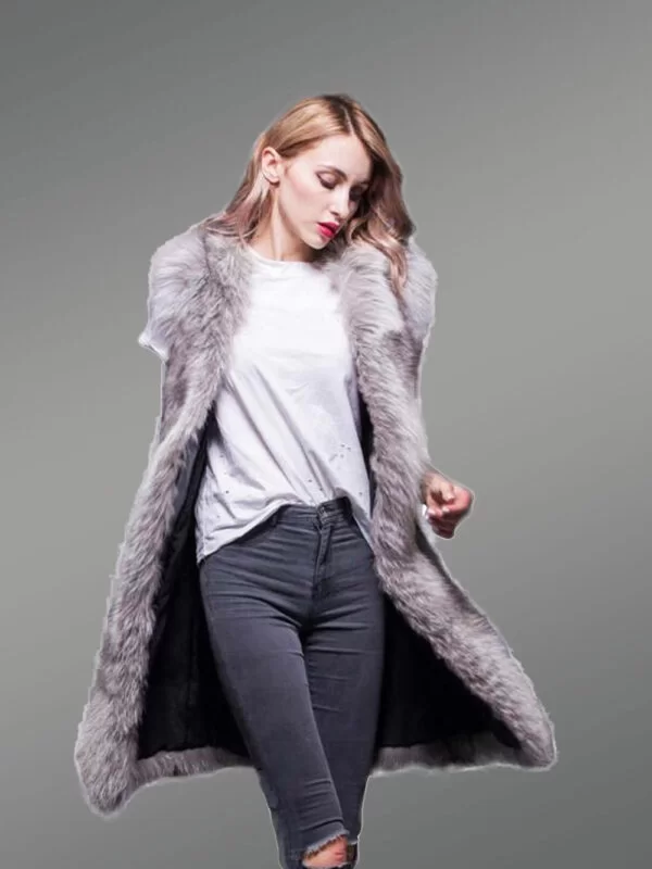 Trendy Real Fox Fur Long and Sleeveless Winter Coat with Inner Side Pockets - Image 3