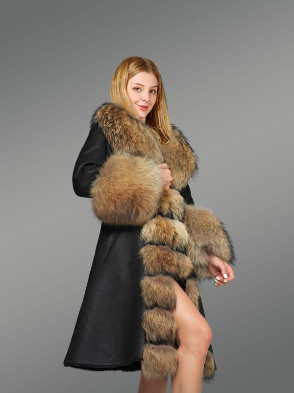 Sheepskin Tuxedo Shearling Coat for Women with Raccoon Fur - Image 2