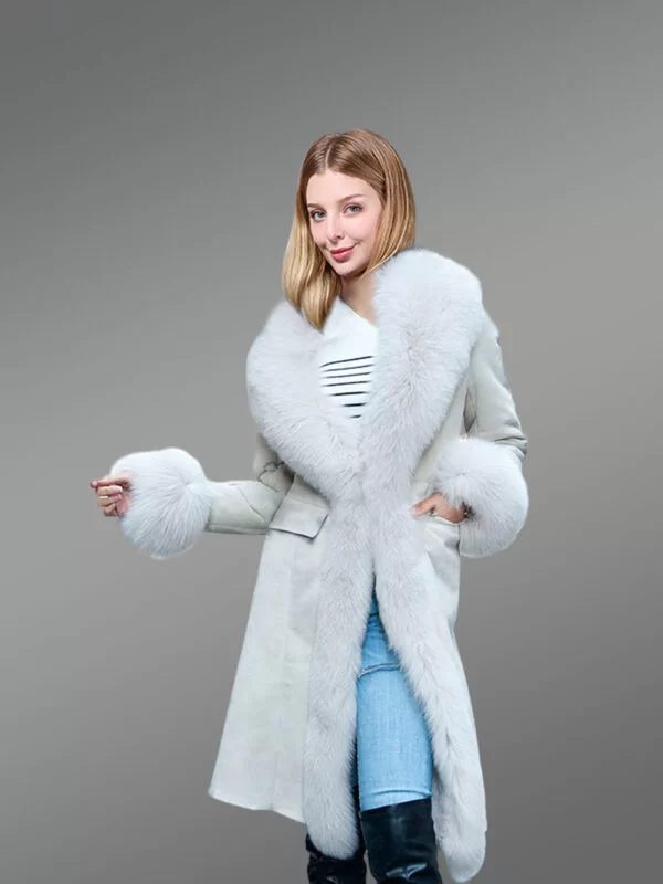 White Sheepskin Shearling Long Coat for Women - Image 6