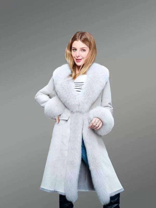 White Sheepskin Shearling Long Coat for Women - Image 5