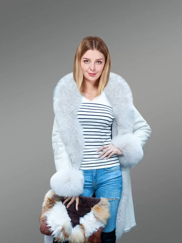 White Sheepskin Shearling Long Coat for Women - Image 4