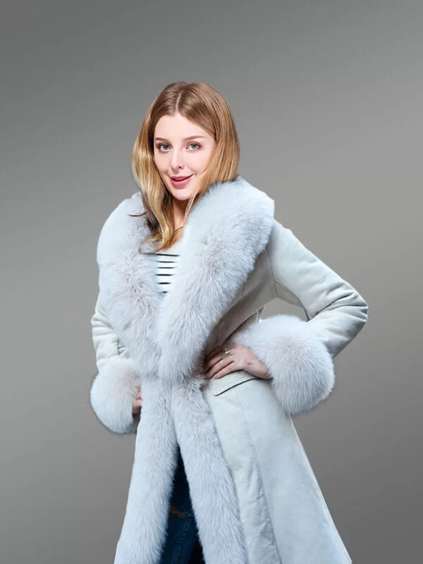 White Sheepskin Shearling Long Coat for Women - Image 3