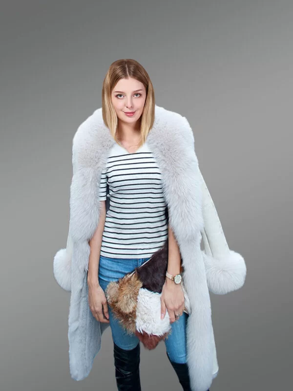 White Sheepskin Shearling Long Coat for Women - Image 2