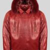 Wine Color Pure Leather Jacket with Real Fur Hood