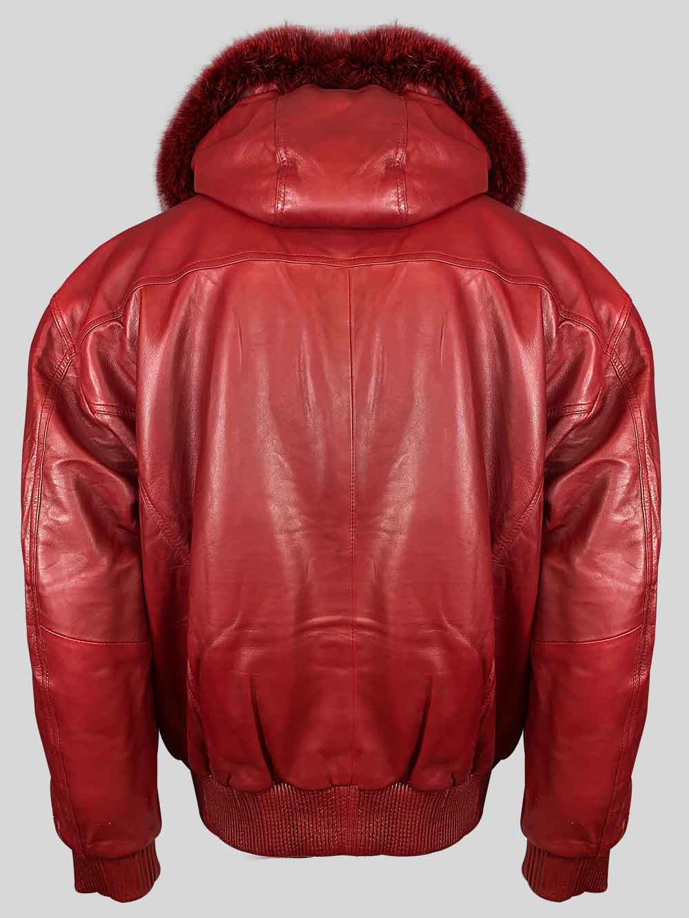 Mens Lambskin Red Bomber Jacket with Detachable Hood Bordered by Trims of Fur - Image 4