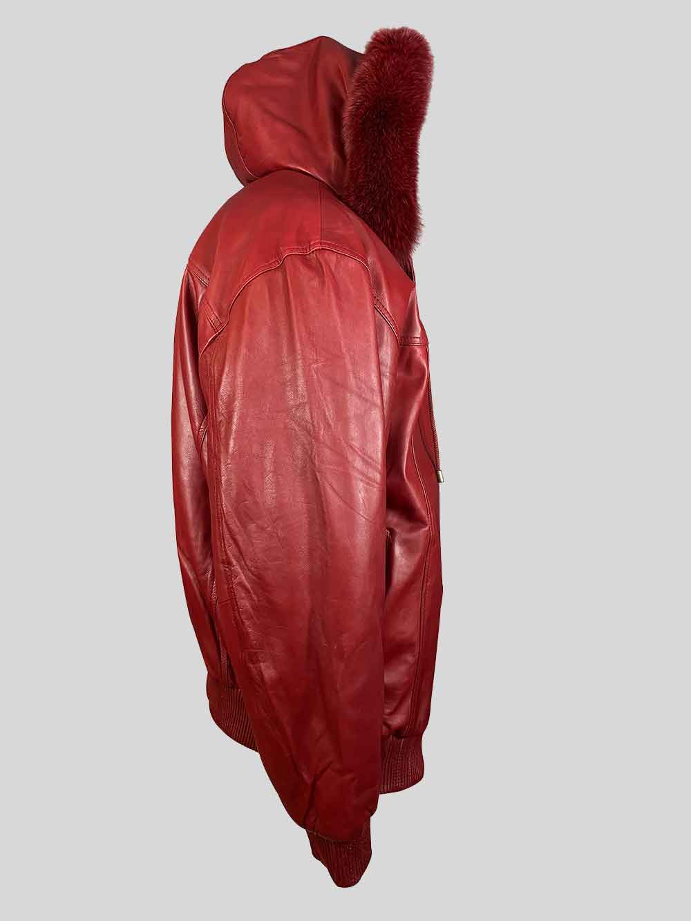 Mens Lambskin Red Bomber Jacket with Detachable Hood Bordered by Trims of Fur - Image 3