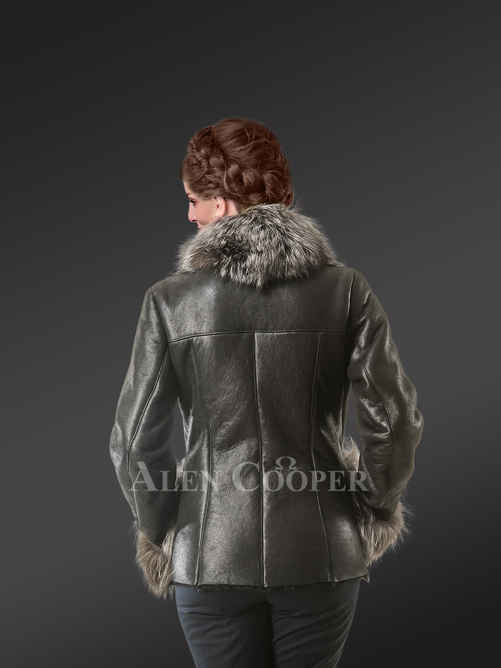 Shearling Length Coat with Silver Fox Fur Collar & Cuffs in Perfect Black - Image 3