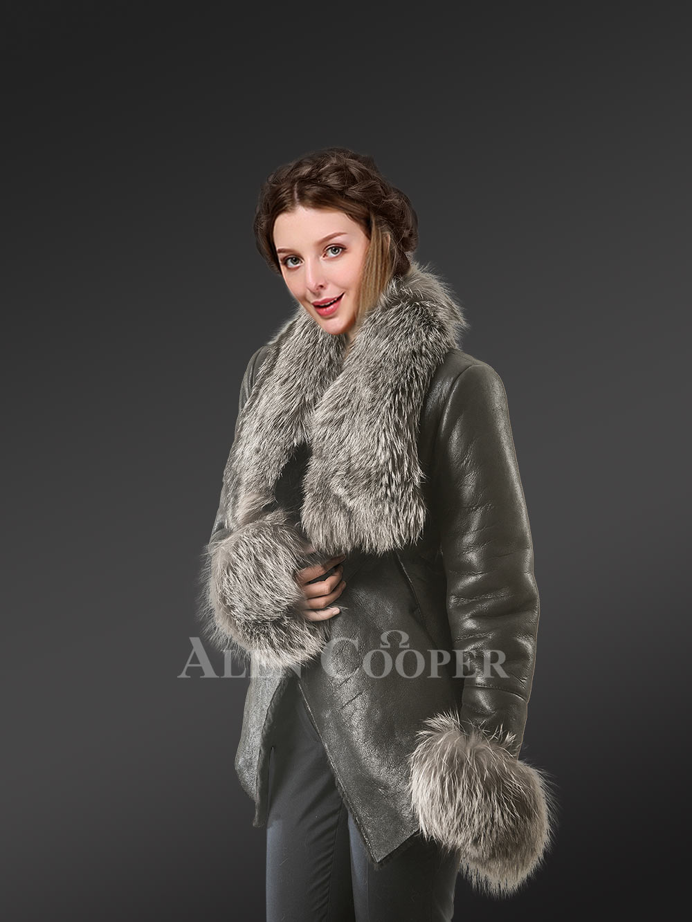 Shearling Length Coat with Silver Fox Fur Collar & Cuffs in Perfect Black - Image 2