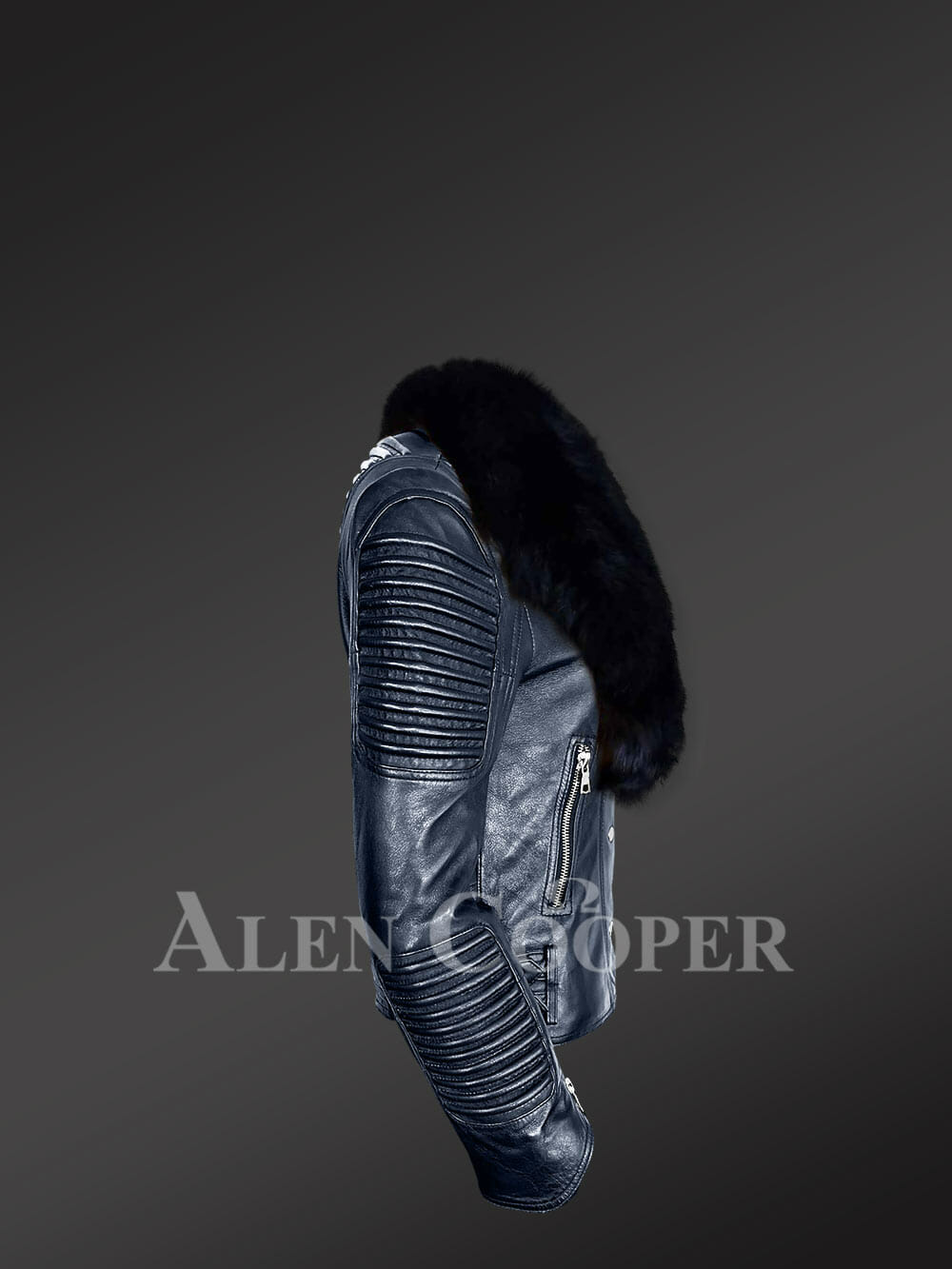 Women's Hand-Made Navy Italian-Finish Biker Jacket with Detachable Black Fox Fur Collar - Image 3