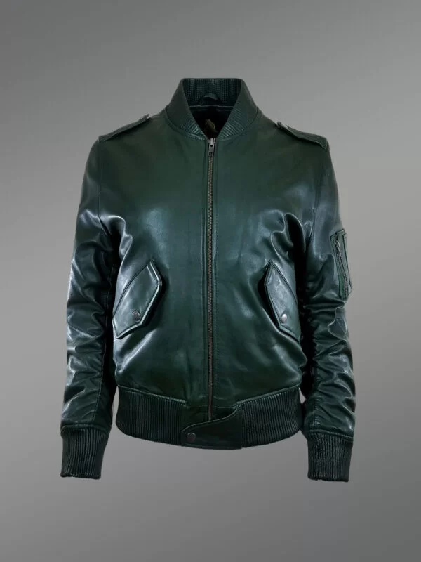 V Collar Italian Green Leather Jacket For Women