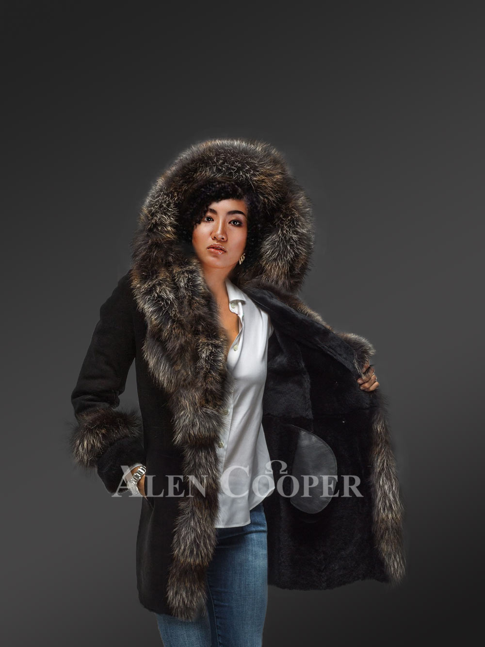 Women’s Mid Length 100% Real Sheepskin Warm Winter Coat with Long Shawl Collar - Image 2