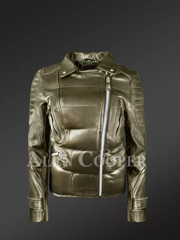 Women's Puffy Motorcycle Jacket in Olive - Image 3