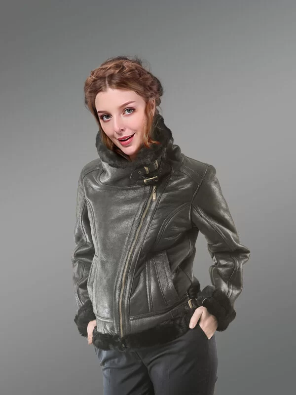 Women shearling jacket in Black - Image 2