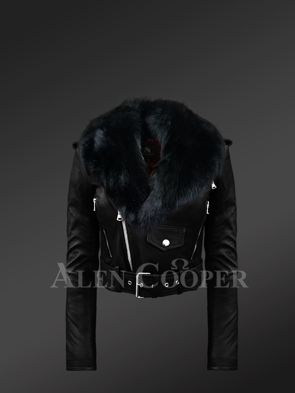 Super Stylish and Trendy Real Leather Black Biker Jacket with Pure Black Fox Fur Collar - Image 3