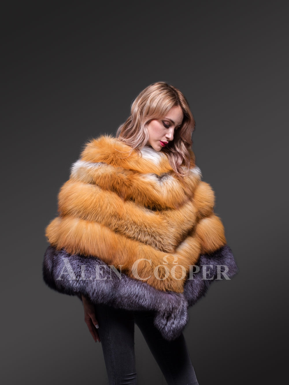 Women’s Stylish And Unique Triangular Poncho Style Multi-Color Real Fur Winter Coat - Image 5