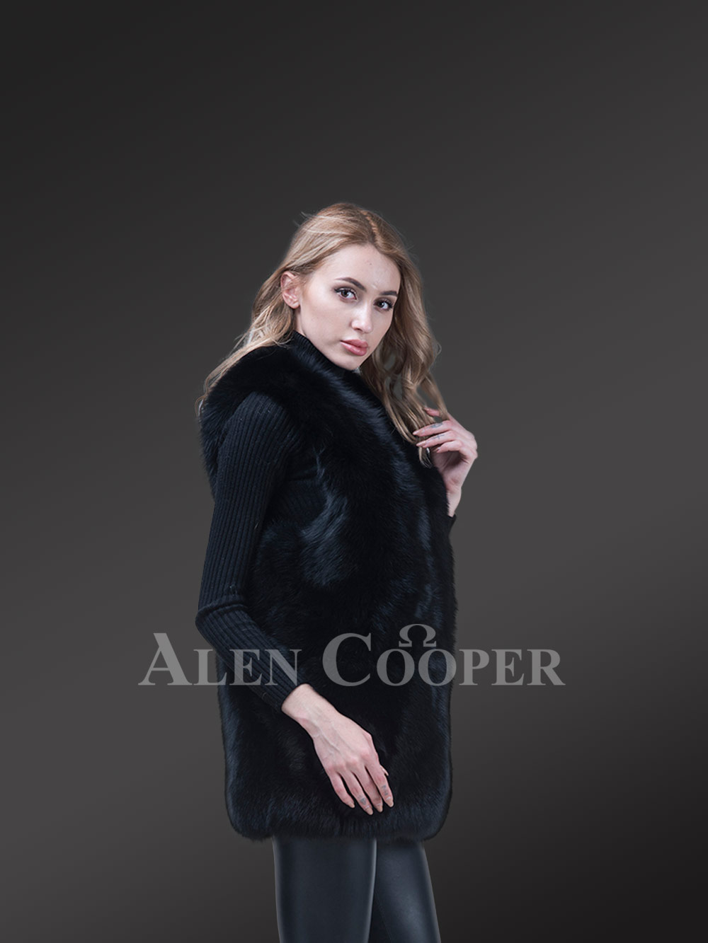 Women’s Mid-Length Genuine Fox Fur Winter Vest in Coal Black - Image 2