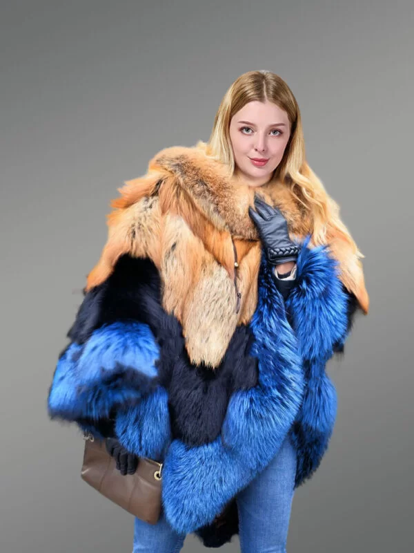 Women’s 2 Tone Blue Fox Fur Poncho - Image 2