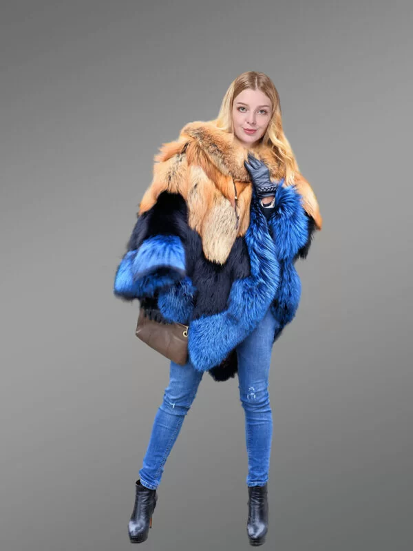 Women’s 2 Tone Blue Fox Fur Poncho - Image 3