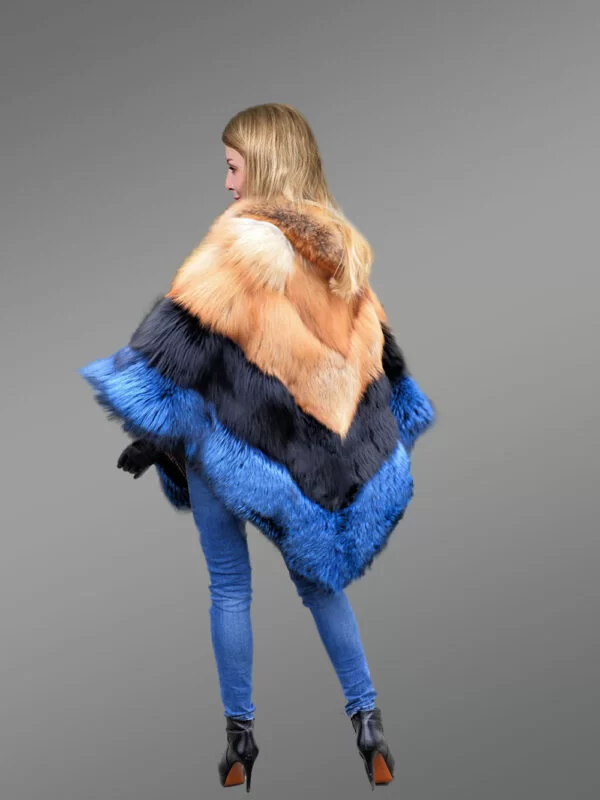 Women’s 2 Tone Blue Fox Fur Poncho - Image 4