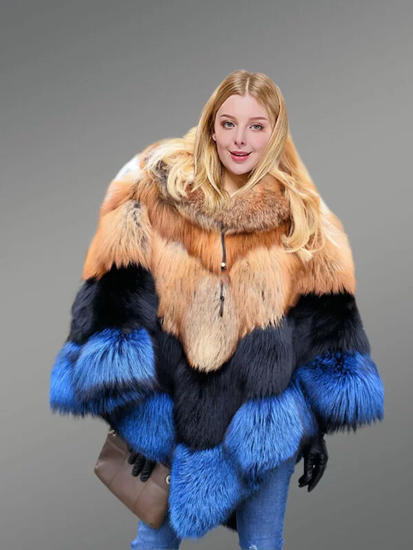 Women’s 2 Tone Blue Fox Fur Poncho