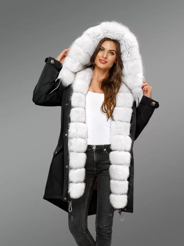 Hybrid Black Parka Convertibles with Fox Liner for Women Made Of Authentic Arctic Fox Fur Paragraph