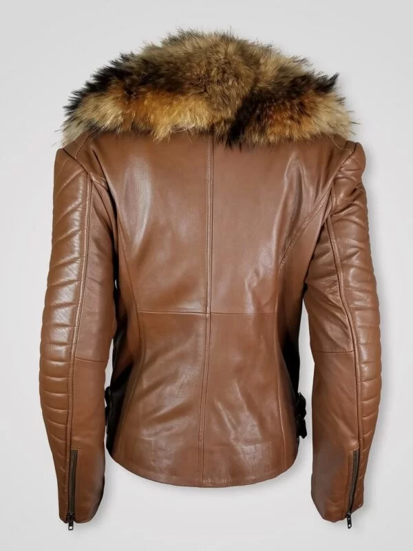 Women’s Assymetrical Motorcycle Biker Jacket in Tan with Zipout Collar and Detachable Raccoon Fur Collar - Image 4