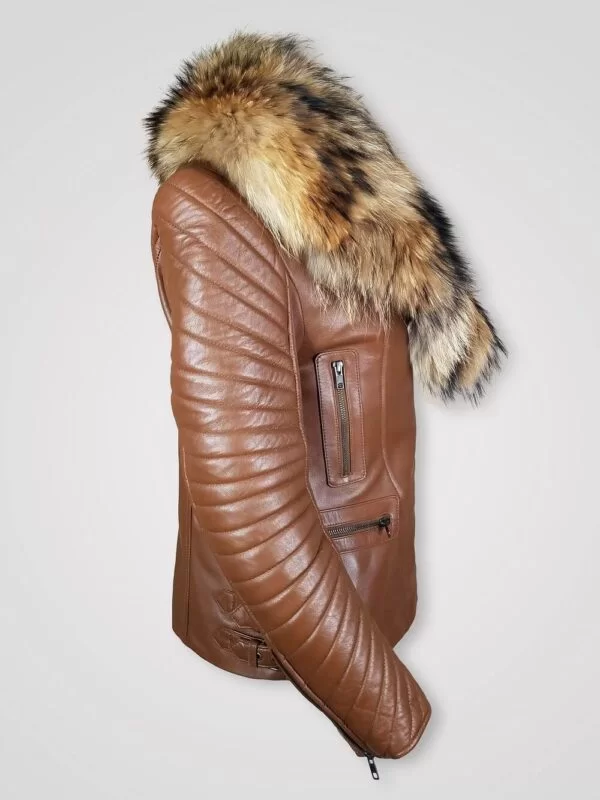 Women’s Assymetrical Motorcycle Biker Jacket in Tan with Zipout Collar and Detachable Raccoon Fur Collar - Image 3