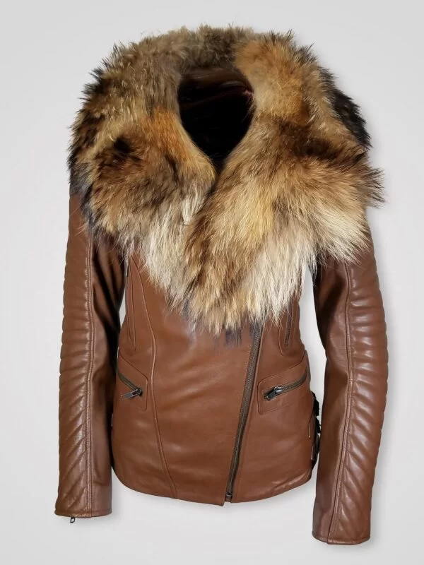 Women’s Assymetrical Motorcycle Biker Jacket in Tan with Zipout Collar and Detachable Raccoon Fur Collar - Image 2