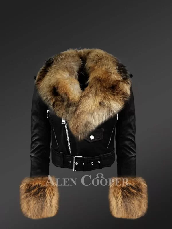 Women’s Authentic Leather Jackets in Black with Removable Fur Collar and Handcuffs - Image 2