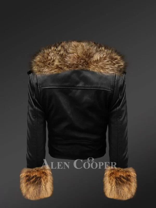 Women’s Authentic Leather Jackets in Black with Removable Fur Collar and Handcuffs - Image 4