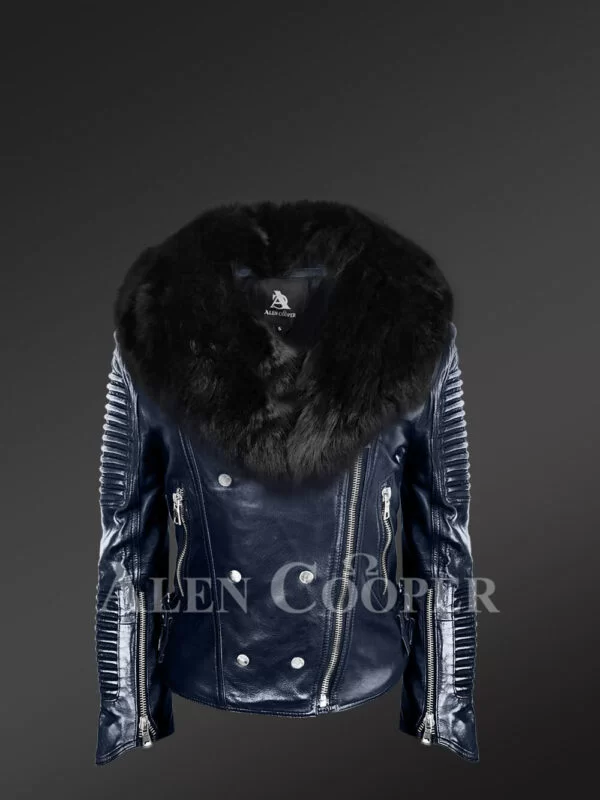 Women's Hand-Made Navy Italian-Finish Biker Jacket with Detachable Black Fox Fur Collar