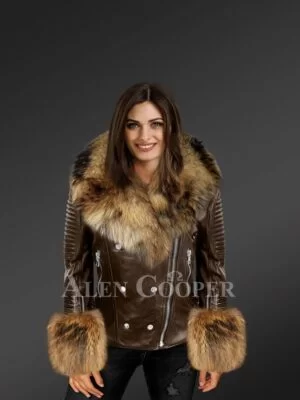 Women’s Leather Biker Jacket with Raccoon Fur Collar Lapels and Cuffs