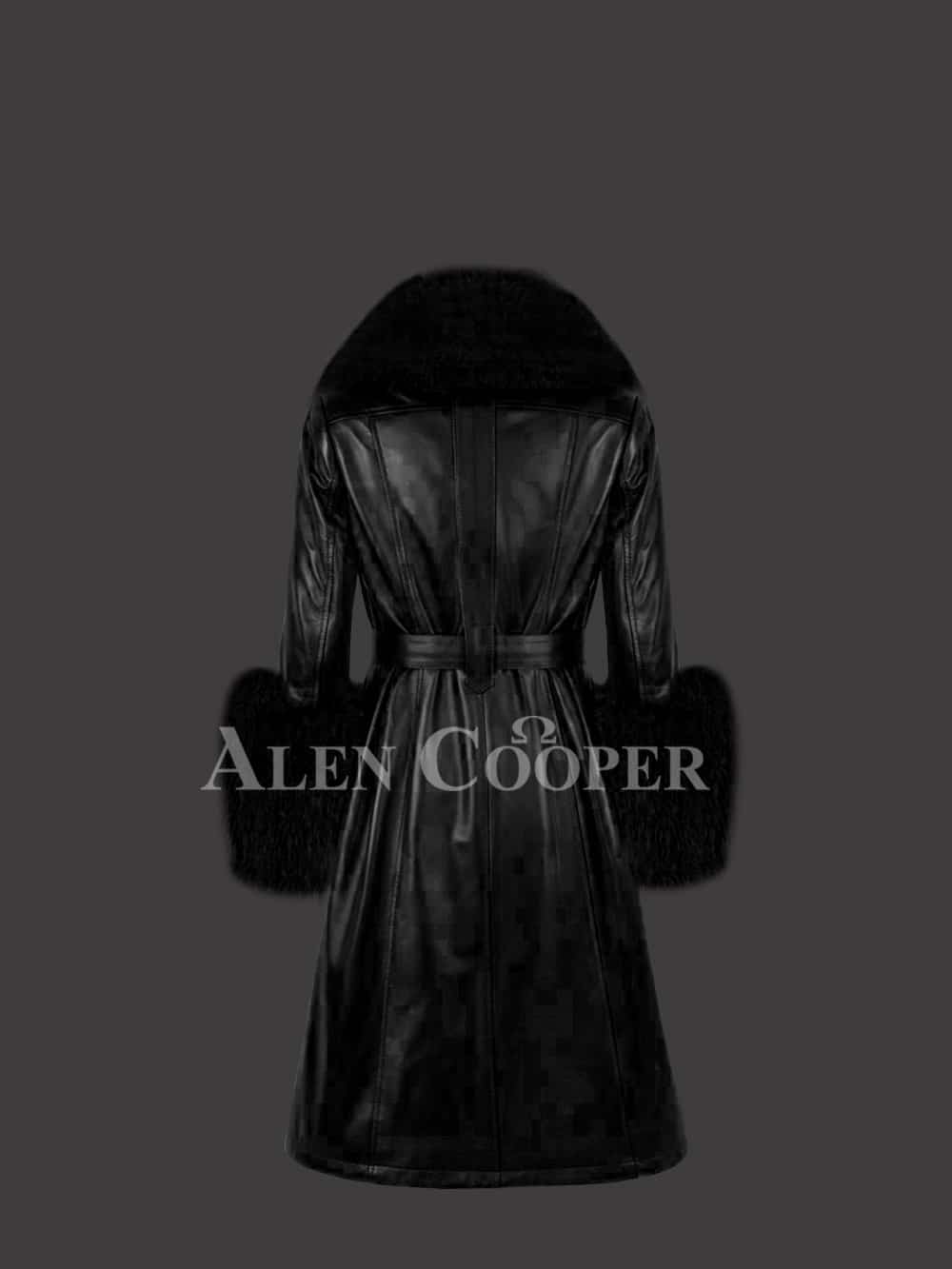 Womens Leather Trench Coat in Black with Belted Waist - Image 2