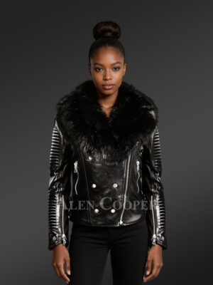 Women's Motorcycle Biker Jacket with Detachable Fox Fur Collar And Piped Sleeves in Black