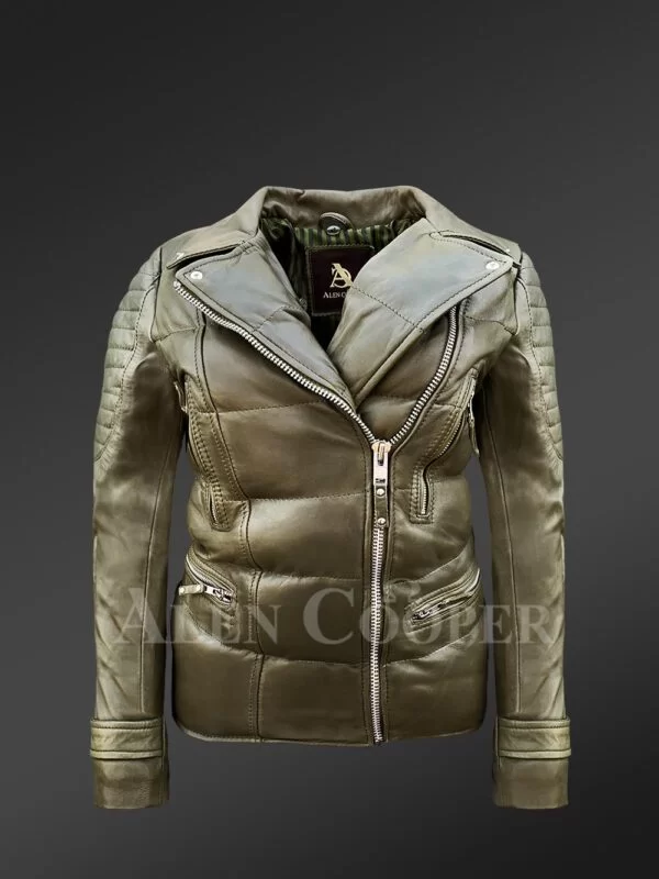 Women's Puffy Motorcycle Jacket in Olive - Image 2