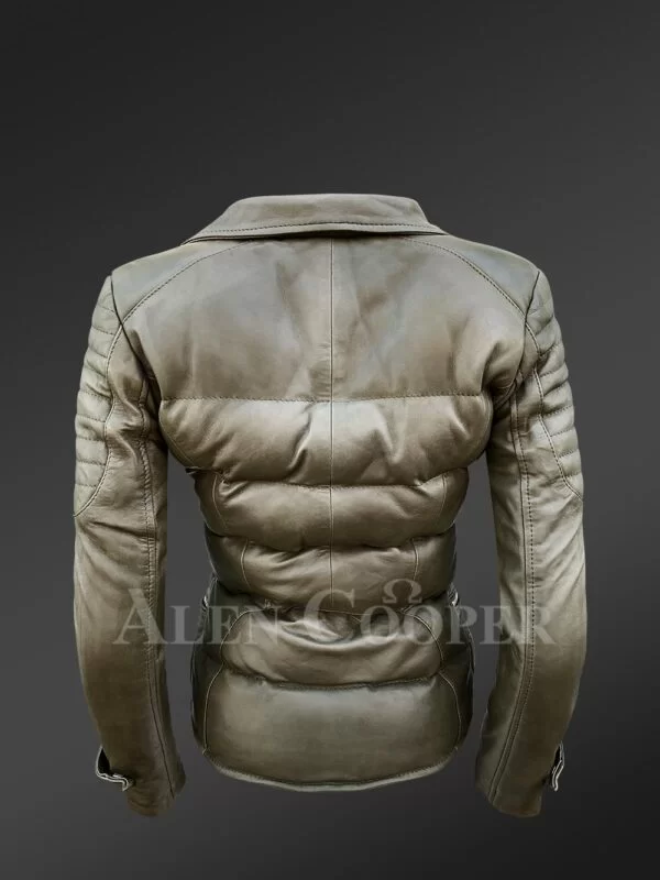 Women's Puffy Motorcycle Jacket in Olive - Image 5