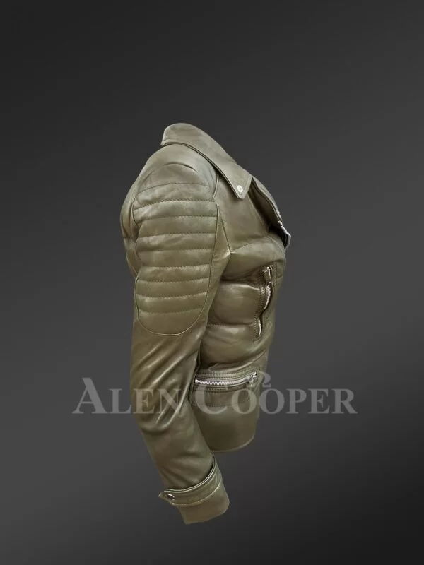 Women's Puffy Motorcycle Jacket in Olive - Image 4