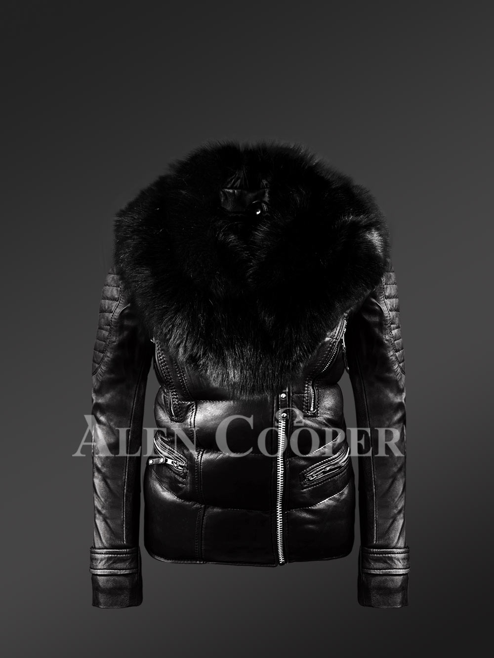 Womens Quilted Black Leather Jacket with Stylish Fox Fur Collar - Image 2